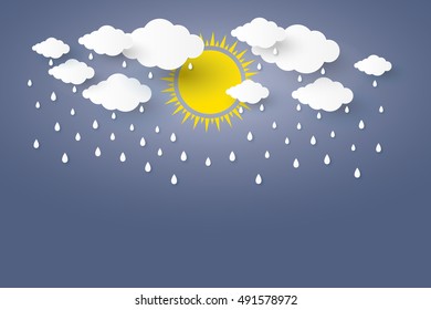 Cloud and Rainbow in blue sky  Paper art style Rainy season concept  ,vector design element illustration