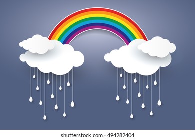 Cloud and Rainbow in blue sky  Paper art style Rainy season concept  ,vector design element illustration