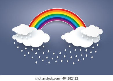 Cloud and Rainbow in blue sky  Paper art style Rainy season concept  ,vector design element illustration