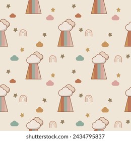 Cloud and rainbow cartoon so cute. On star background. Welcome autumn. Pattern seamless vector illustration. 
