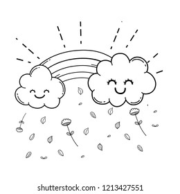 Cloud and rainbow cute cartoon in black and white