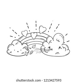 Cloud and rainbow cute cartoon in black and white