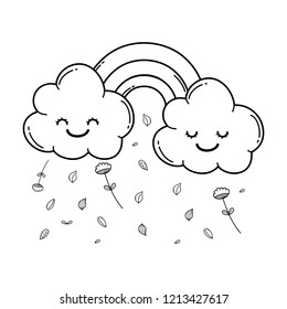 Cloud and rainbow cute cartoon in black and white