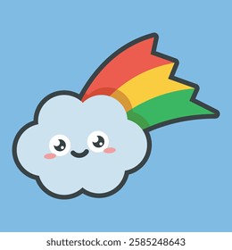 cloud and rainbow cute character with outline flat vector design.