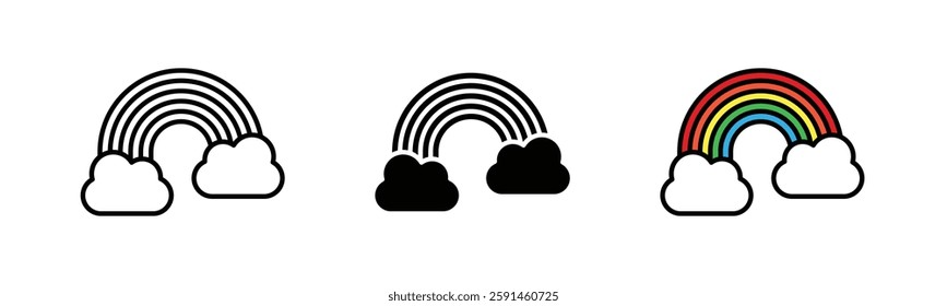 Cloud rainbow icon, Rainbow and cloud, icon. Color rainbow sign outline, fill in black and color, isolated on white background