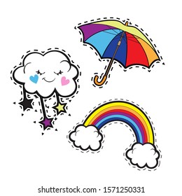 Cloud, rainbow and multicolored umbrella on a white background. Weather collection