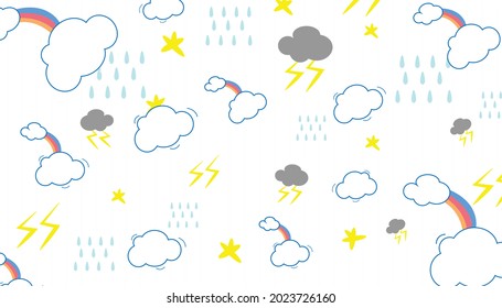 Nube lluvia arcoiris cae en el cielo. Cute caricatura kawaii graciosa decoración de niños.