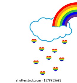 Cloud with rainbow and rain heart shape, stylized as an LGBT flag, isolated on white background. Valentines day card element. Vector stock illustration.