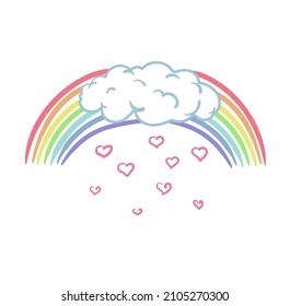 Cloud with a rainbow, it's raining from hearts. Drawing in pastel shades in the style of doodle. Stock vector illustration isolated on white background
