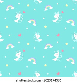Cloud and Rainbow Seamless Pattern, Cute unicorn with heart and star seamless pattern ,cute cartoon white unicorn on Light green or mint color background.for baby clothes, nursery, sticker, textile.  