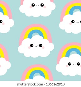 Cloud Rainbow. Seamless Pattern. Funny face head. Cute cartoon kawaii funny baby character. 