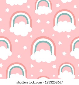 Cloud Rainbow and Star Cute Seamless Pattern, Cartoon Vector Illustration, Nursery Background for Kid