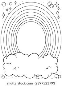 Nube, arco iris y estrellas. Antecedentes. Libro de colorear. Ilustración vectorial en blanco y negro.