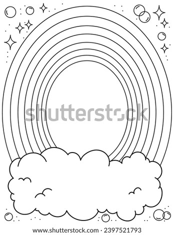Cloud, rainbow and stars. Background. Coloring book. Black and white vector illustration.