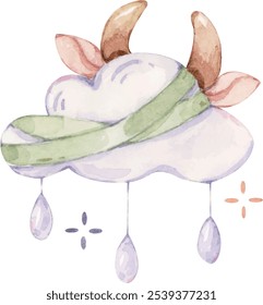 A cloud with raindrops falling, hiding two ears in the cloud