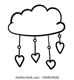 Cloud with raindrops in the form of hearts. Valentine's day. Coloring page, Coloring book. Contour. Vector illustration for website, postcard, magazine. Design element. - Vector