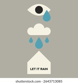 Cloud with Raindrops and House icon. Eye symbol with Teardrop. Cartoon Cloud with Rain flat vector illustration. Nature. Weather. Environment.