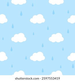 Cloud and raindrops isolated on a pastel blue  background. Seamless pattern, flat style. Childish background for paper, cover, textile, gift wrap, wallpaper.