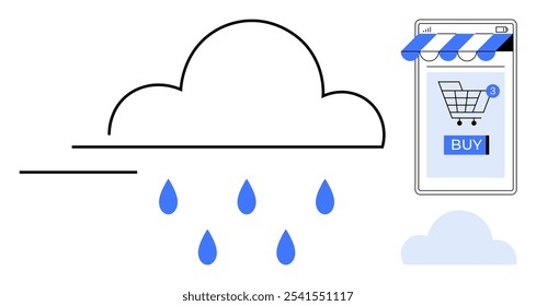 A cloud with raindrops is paired with a mobile phone displaying an online shopping cart. Ideal for online shopping, ecommerce, weather, mobile apps, digital marketing. Clean and modern style