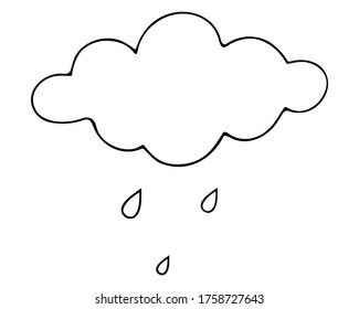 Cloud and raindrops. Vector illustration. Outline on an isolated white background. Rainy. Sketch. Weather forecast. The sky is crying with pure tears. The beginning of a downpour. Doodle style. 
