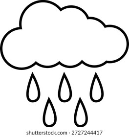 Cloud with raindrops vector outline illustration. Minimalist rain weather icon isolated on white. Nature graphic for meteorology, water cycle, and atmospheric forecasting.