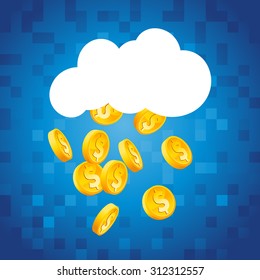 Cloud raining gold dollar coins on blue pixel background