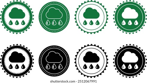 Cloud, Raining icon set. Ecology Stamps. Environment, sustainability, nature, recycle, renewable energy; electric bike, eco-friendly, forest, wind power, green symbol. Solid icons vector collection.