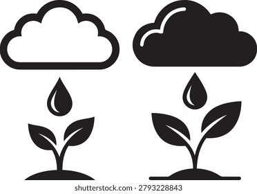 Cloud raining on plant icon, water droplet, green leaves.