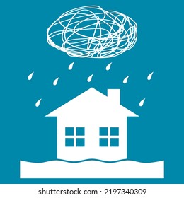 Cloud rainstorm water rain drop flooding damage house on blue background flat vector white icon design