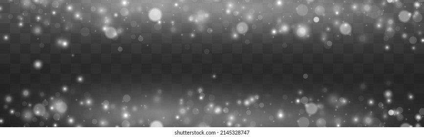 Cloud of random blurry silver spots. Fine, shiny dust particles fall off slightly. Sparkling magic white snow. Christmas light bokeh confetti or spark. Vector glowing lights stars, sparkles.