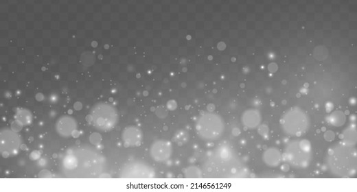 Cloud of random blurry silver spots. Fine, shiny dust particles fall off slightly. Sparkling magic white snow. Christmas light bokeh confetti or spark. Vector glowing lights stars, sparkles.