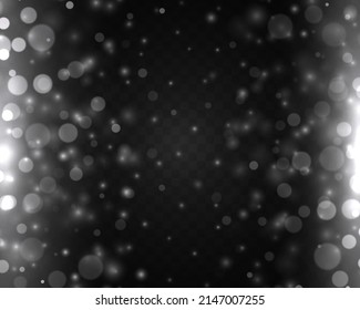 Cloud of random blurry silver spots. Fine, shiny dust particles fall off slightly. Sparkling magic white snow. Christmas light bokeh confetti or spark. Vector glowing lights stars, sparkles.
