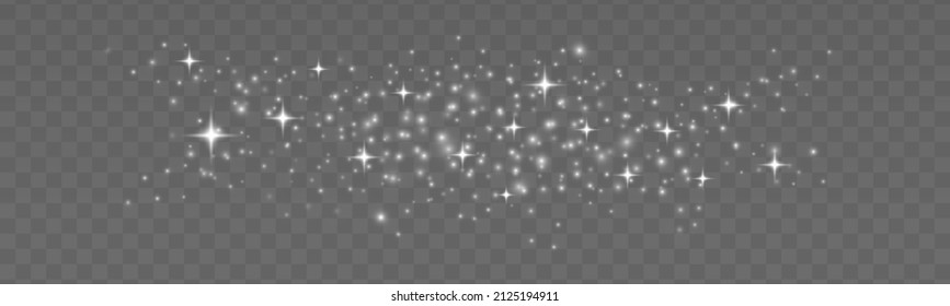 Cloud of random blurry spots. Flare light sparkle, white effect glow. Christmas background of shining blurred dust. Glowing lights bokeh confetti and spark. Defocused white star dust trail. Vector.