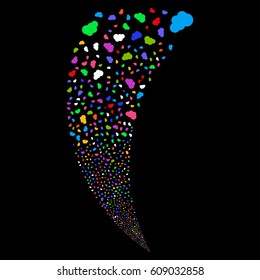Cloud random fireworks stream. Vector illustration style is flat bright multicolored iconic symbols on a black background. Object fountain constructed from scattered pictograms.