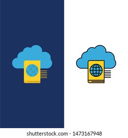 Cloud, Reading, Folder, Upload  Icons. Flat and Line Filled Icon Set Vector Blue Background