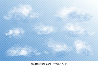 Cloud in realistic style on transparent background. Abstract clouds set. Vector design template.