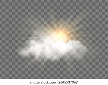 Cloud with realistic sunny rays, sunny cloudy sky. Vector glow light effect with cloud, smoke, fog. Sunlight cloud texture transparent background