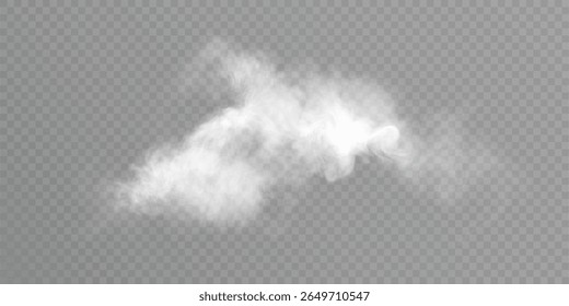 Nuvem de fumaça branca realista, vapor, neblina, neblina com bordas transparentes e brilho suave em fundo branco transparente. Vetor