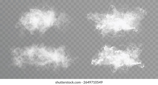Nuvem de fumaça branca realista, vapor, neblina, neblina com bordas transparentes e brilho suave em fundo branco transparente. Vetor