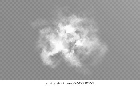 Nuvem de fumaça branca realista, vapor, neblina, neblina com bordas transparentes e brilho suave em fundo branco transparente. Vetor
