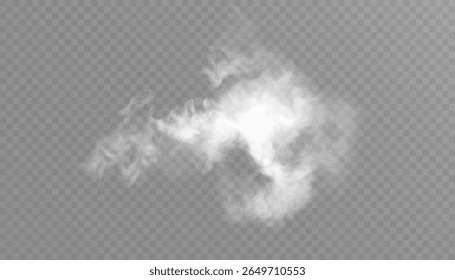 Nuvem de fumaça branca realista, vapor, neblina, neblina com bordas transparentes e brilho suave em fundo branco transparente. Vetor