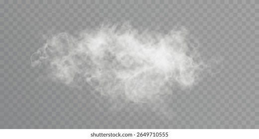 Nuvem de fumaça branca realista, vapor, neblina, neblina com bordas transparentes e brilho suave em fundo branco transparente. Vetor