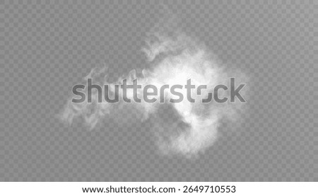 Cloud of realistic white smoke, steam, fog, haze with transparent edges and soft glow on transparent white background. Vector
