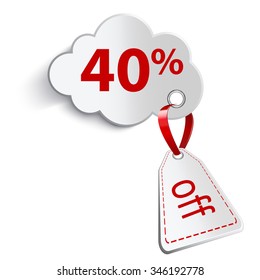 A cloud with a red ribbon. And attaching a price tag on a white background. With an inscription forty percent. 