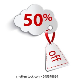 A cloud with a red ribbon. And there is a price tag on a white background. With an inscription fifty percent. 