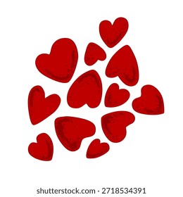 Cloud of red Valentine hearts on white background. Vector isolated illustration.