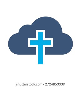 Cloud religion icon blue flat vector design christian cross symbol faith god heaven spiritual church sky graphic element sign