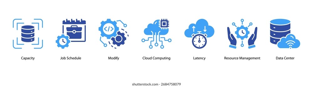 Cloud Resources web banner icon vector illustration featuring Capacity, Job Schedule, Modify, Cloud Computing, Latency, Resource Management, and Data Center.
