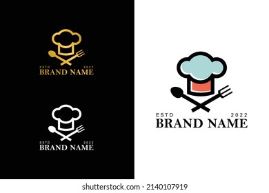 Cloud Restaurant Logo. Chef's hat with cloud shape design concept, with a spoon and fork crossed underneath. Logo design in lineart style. Modern, unique, creative and simple logo.