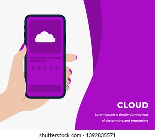 Cloud Review Design Concept in Purple Color with Woman Hand Holding a Smartphone with Review on Screen, Headline and Text Place. Suitable for Web banner, Infographics, Flat Vector Illustration 